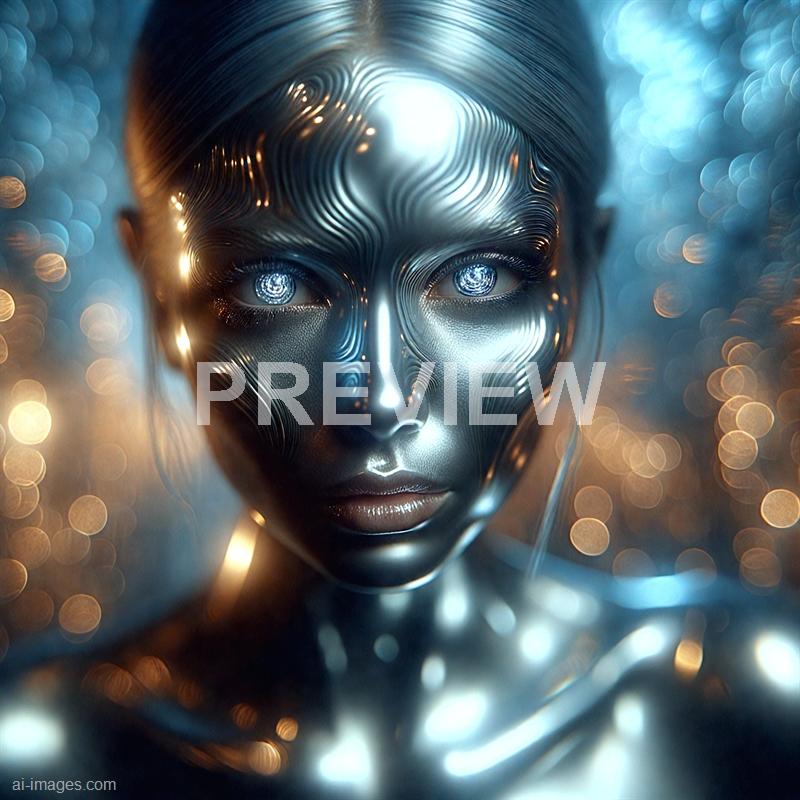 The image features a highly stylized, futuristic depiction of a human face with metallic, reflective skin. The person's eyes are luminous with intricate spiral patterns, and the skin has swirling patterns and textures that resemble liquid metal or circuitry. The background is blurred with warm bokeh lights, emphasizing the high-tech, cybernetic aesthetic of the figure. The overall tone is cool, with silver and blue hues dominating the image.